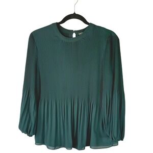Adrianna Papell Green Pleated Peplum accordion blouse Long Balloon Sleeve Top